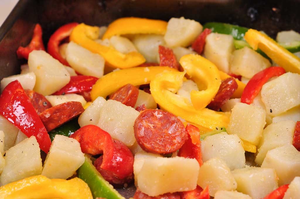 chorizo potato and egg tray bake ready for oven