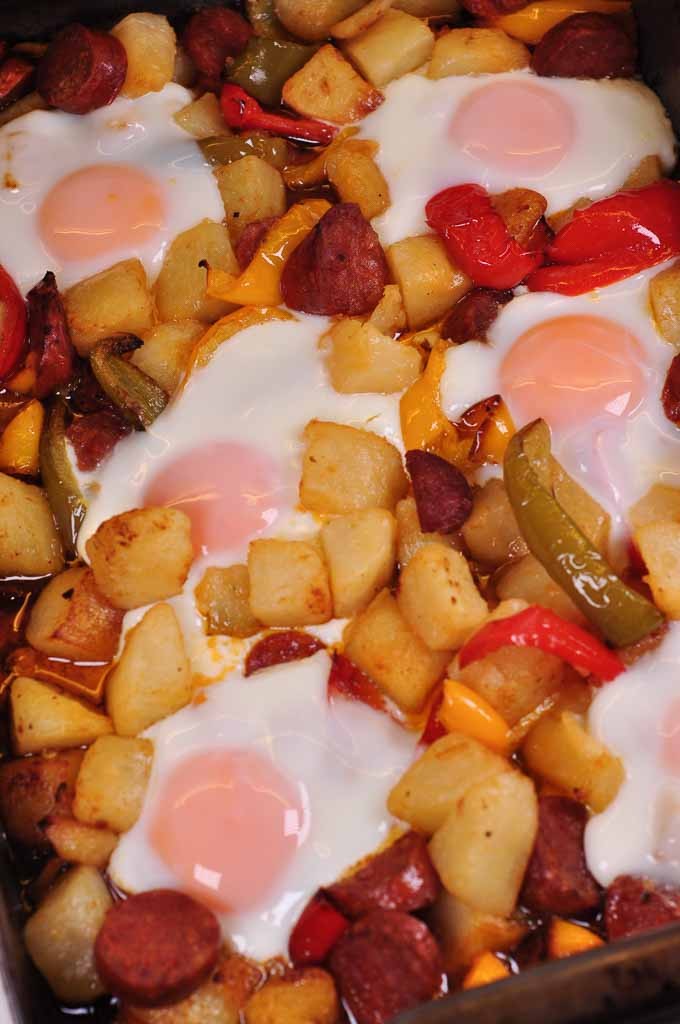 chorizo potato and egg tray bake cooked chorizo potato and egg tray bake cooked