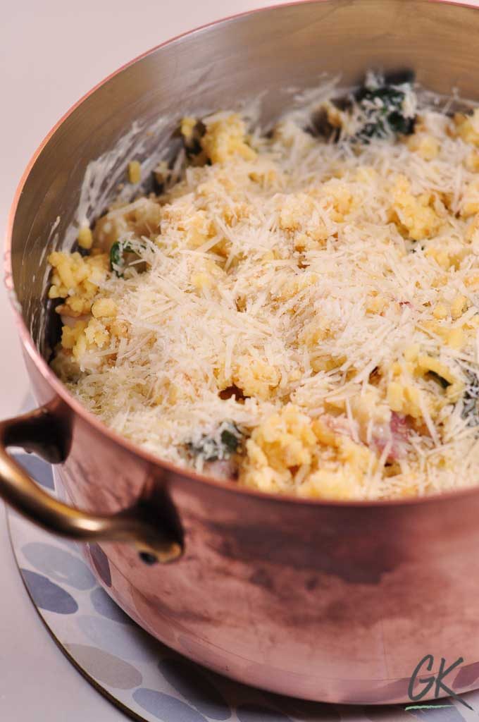 Cauliflower & Kale macaroni cheese before cooking in copper pot